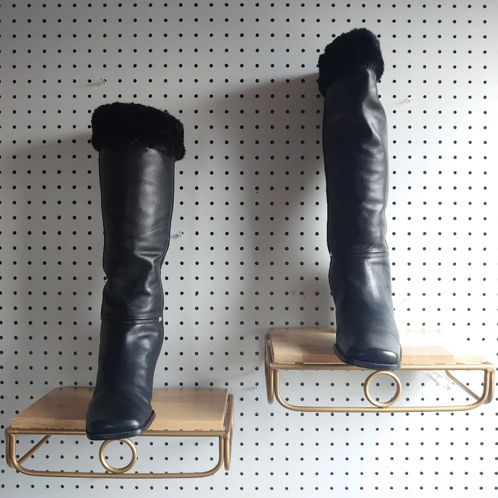 Westies Chunky Heel Block Leather, Fur And Rivet Rhinestone Winter Boots Black - Picture 6 of 14